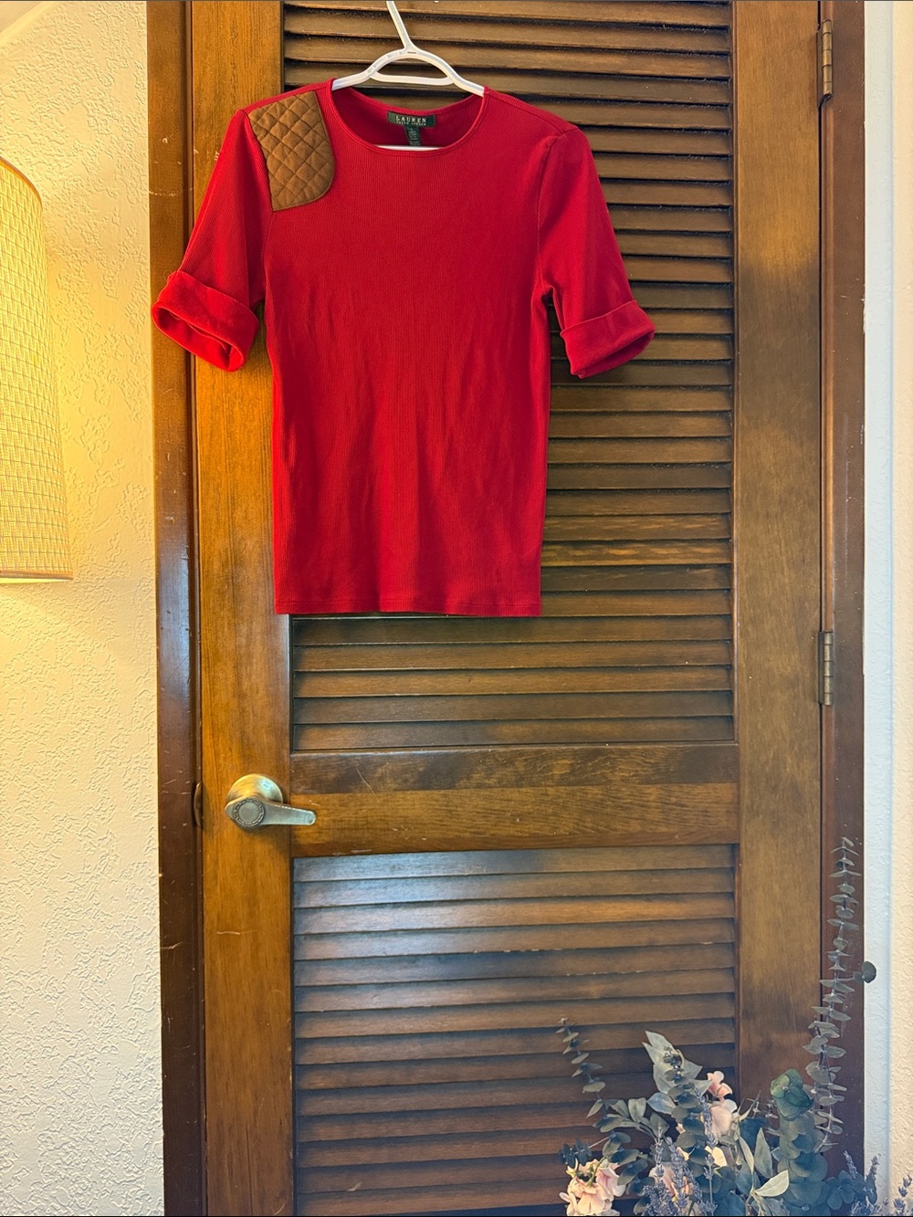 Lauren Ralph Lauren Red Short Sleeve Tee with Quilted Brown Elbow Patch